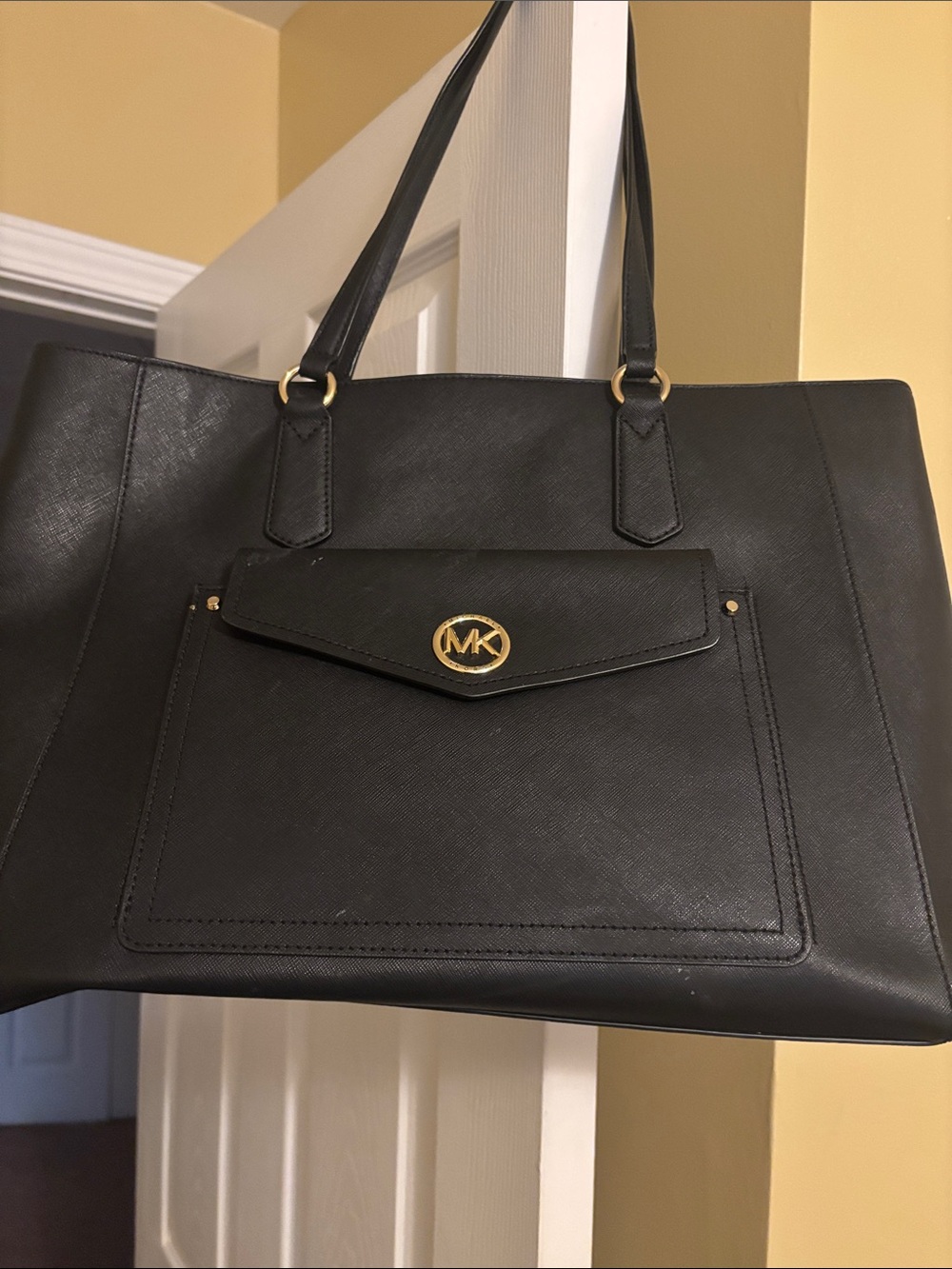 Michael Kors Black Saffiano Leather Tote with Gold MK Emblem